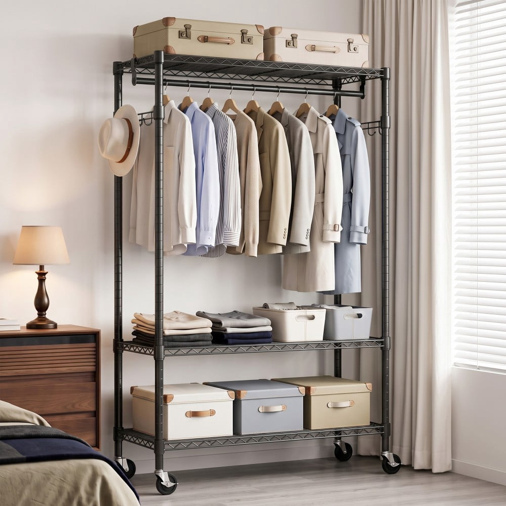 Heavy Duty Rolling Garment Rack, 3-Tier Adjustable Wire Shelving Clothes Rack with Hanging Rod, Side Hooks & Lockable Wheels, Black