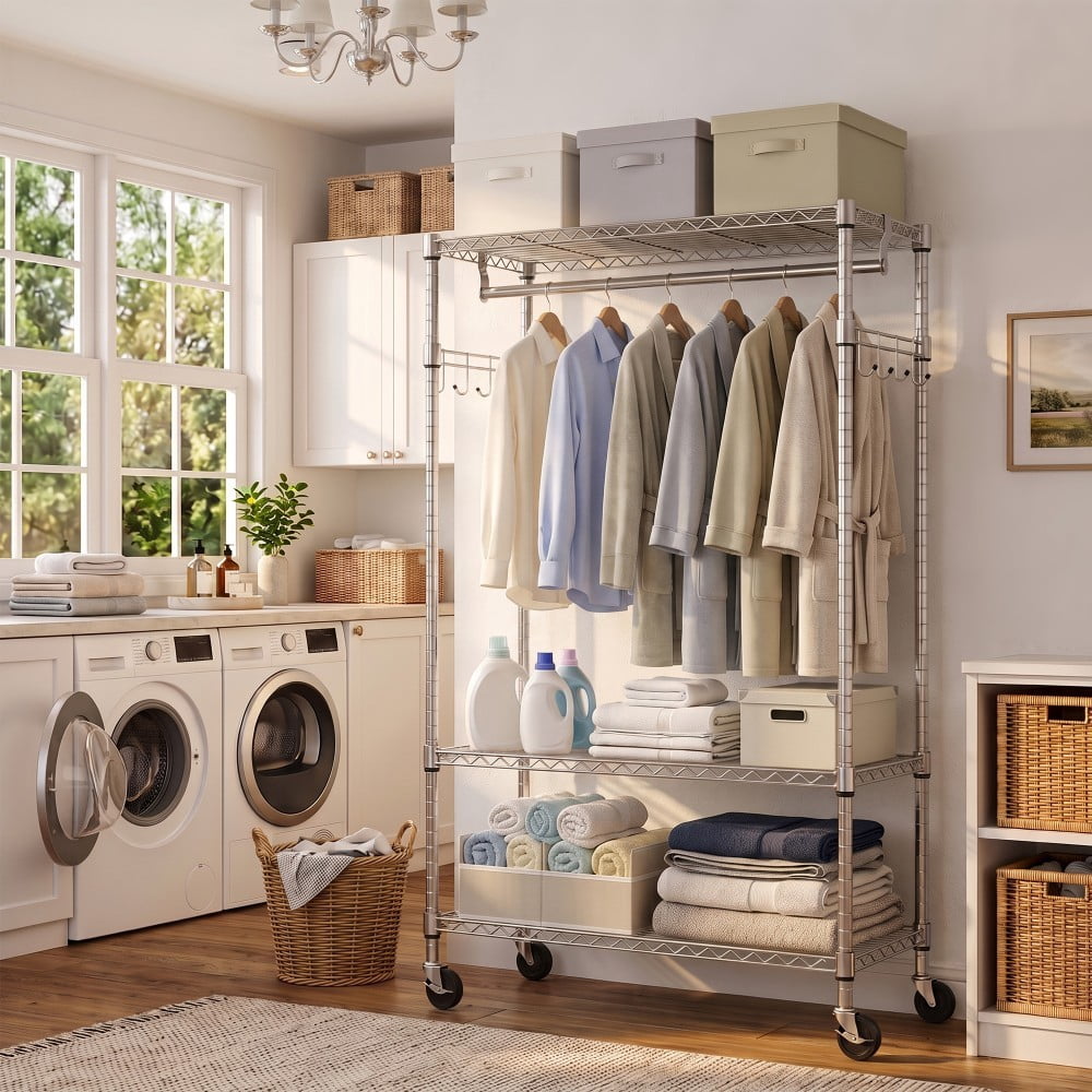 Heavy Duty Rolling Garment Rack, 3-Tier Adjustable Wire Shelving Clothes Rack with Hanging Rod, Side Hooks & Lockable Wheels, Chrome