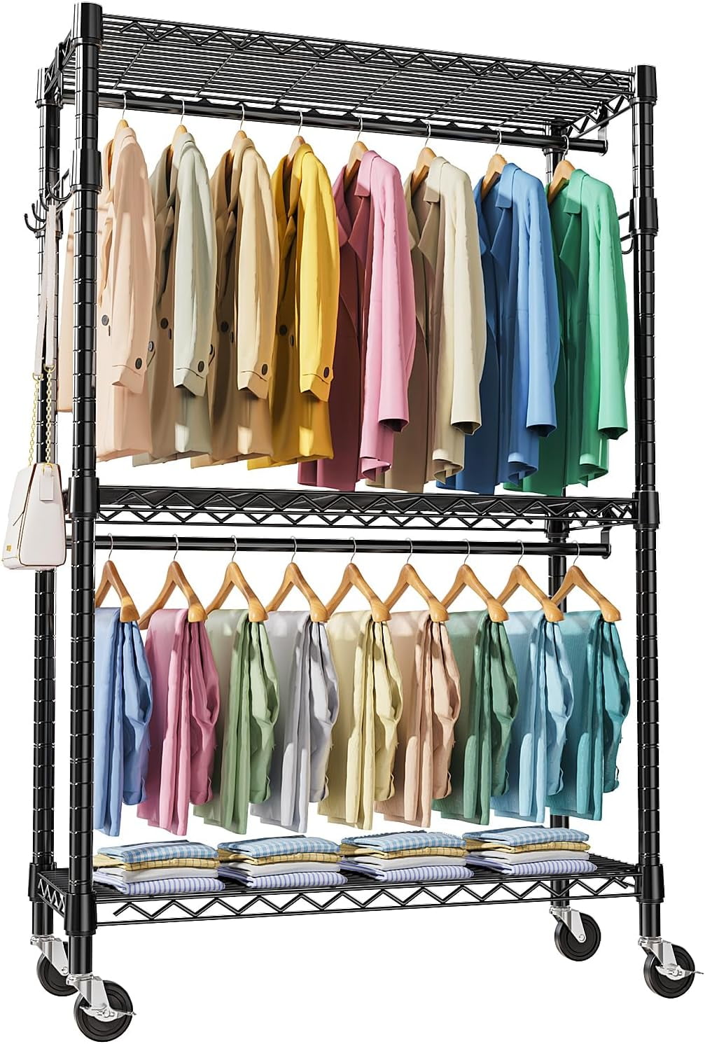 Black Heavy Duty Adjustable 3-Tier Rolling Garment Rack with Double Rods