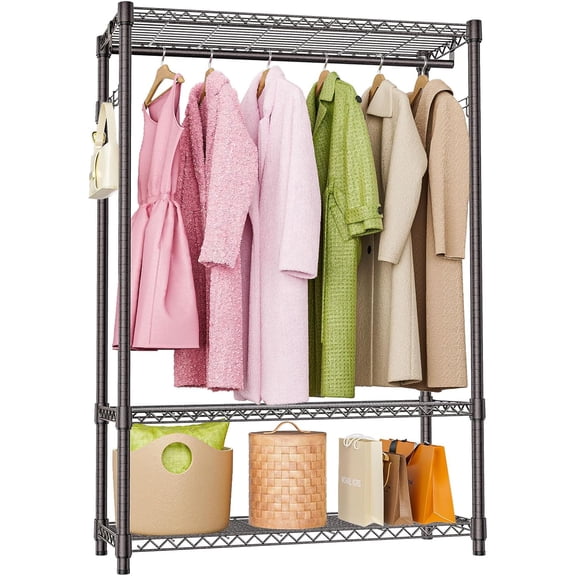 Heavy Duty Rolling Garment Rack 3 Tiers Adjustable Wire Shelving Clothes Rack with 1 Rods and Side Hooks,Storage Closet Clothing Rack Grey 15.7" D x 45.3" W x 72.4" H