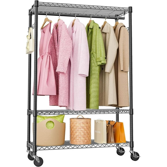 Heavy Duty Rolling Garment Rack 3 Tiers Adjustable Wire Shelving Clothes Rack with 1 Rods and Side Hooks,Storage Closet Clothing Rack with Wheels Black 15.7" D x 45.3" W x 75.6" H