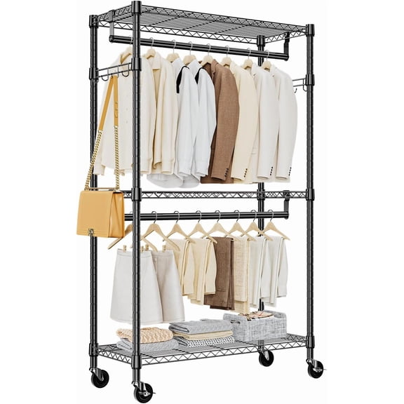 Heavy Duty Rolling Garment Rack 3 Tiers Adjustable Wire Shelving Clothes Rack with 2 Rods and Side Hooks,Storage Closet Clothing Rack with Wheels Black 15.7" D x 29.5" W x 74.5" H