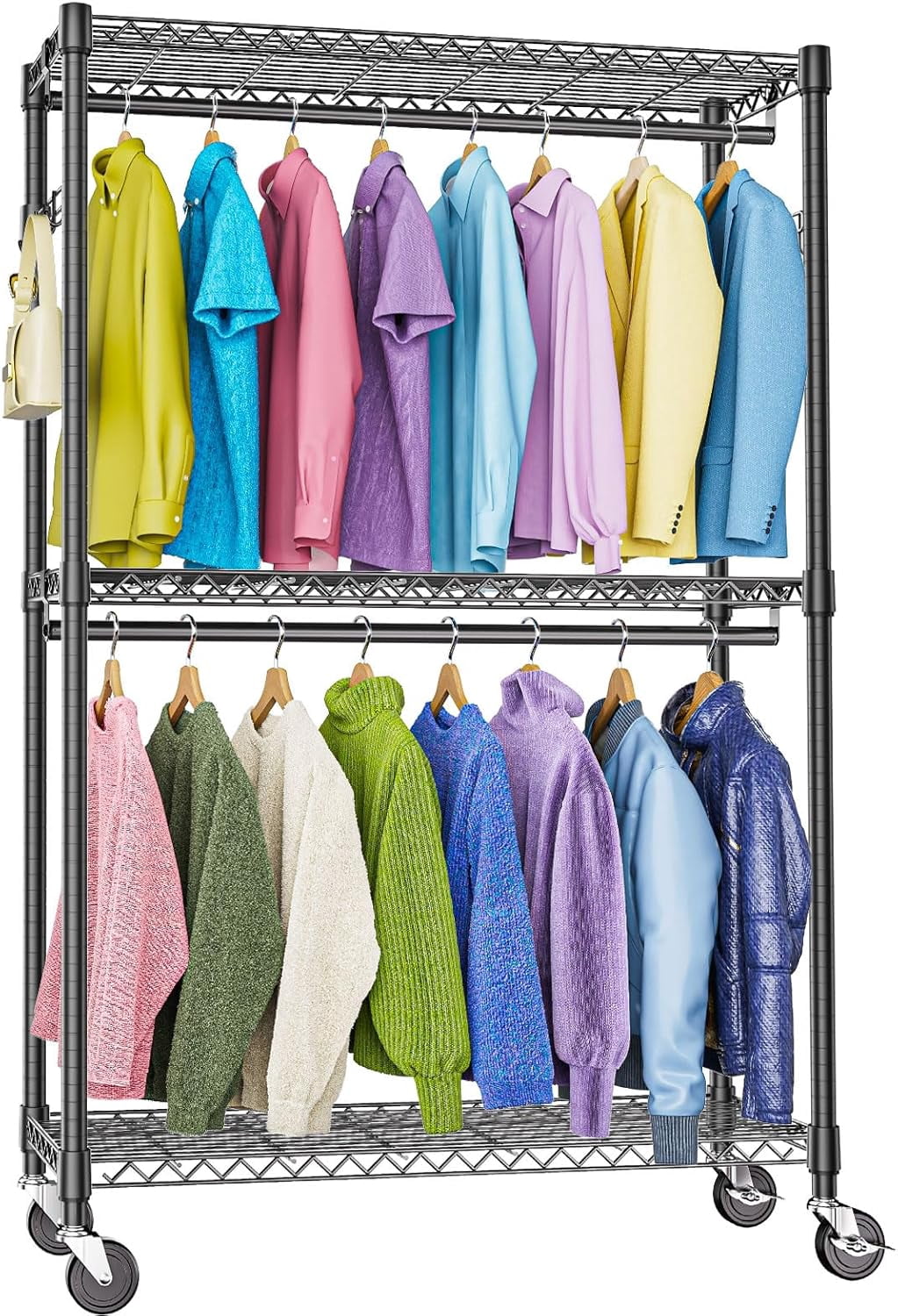 Heavy Duty Rolling Garment Rack 3 Tiers Adjustable Wire Shelving ...