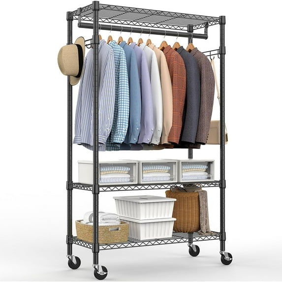 Heavy Duty Rolling Garment Rack 3 Tiers Adjustable Wire Shelving Clothes Rack Rods Side Hooks Storage Closet Clothing Rack Wheels Black 15.7" D x 29.5"