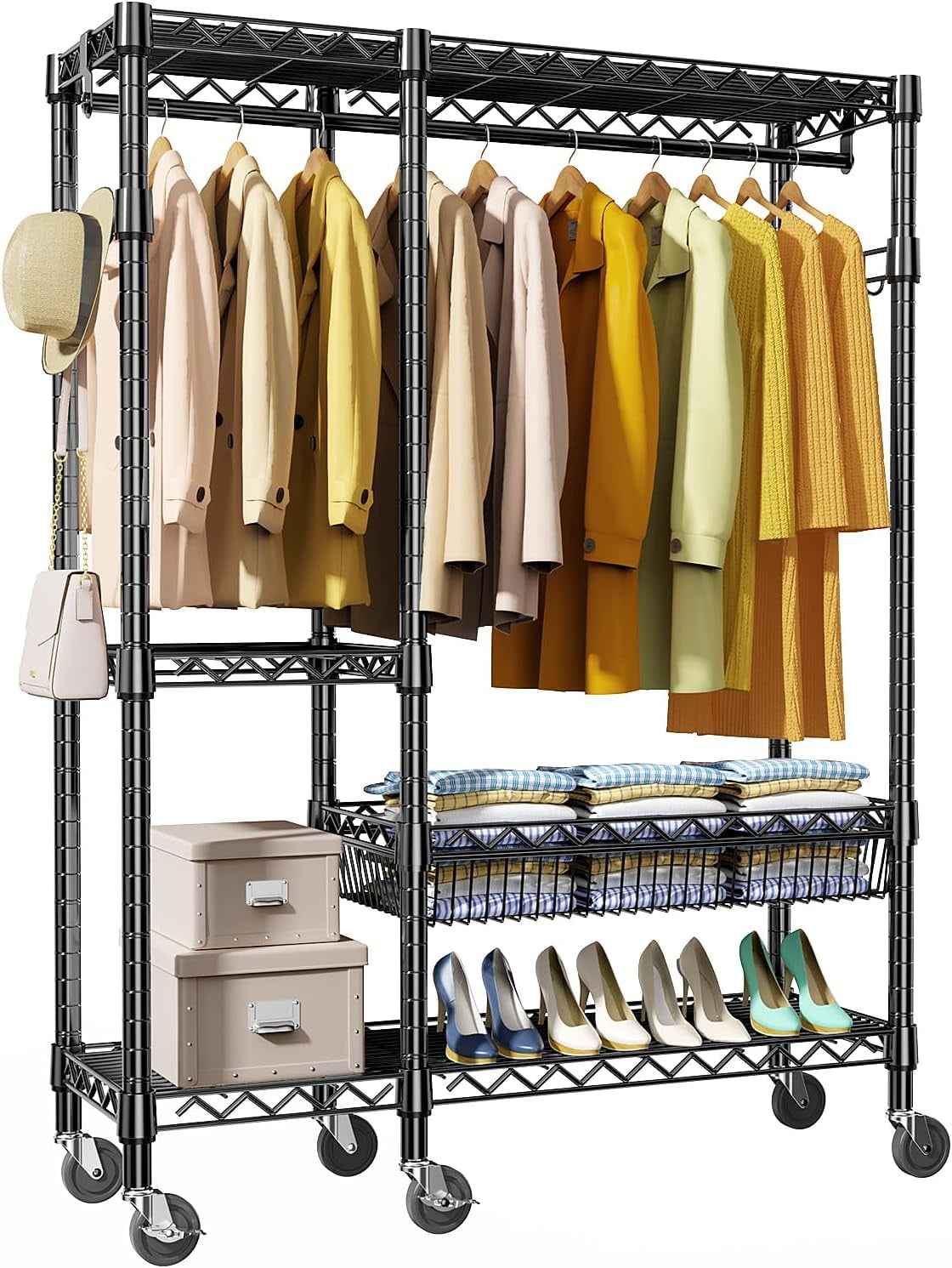 Heavy Duty Rolling Garment Rack 3 Tiers Adjustable Wire Shelving ...