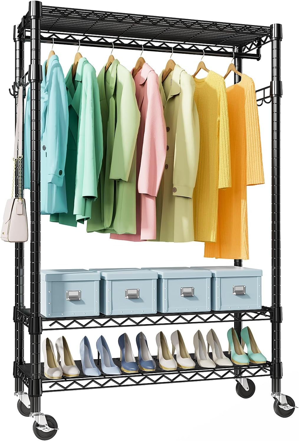 Heavy Duty Rolling Garment Rack 3 Tiers Adjustable Wire Shelving ...