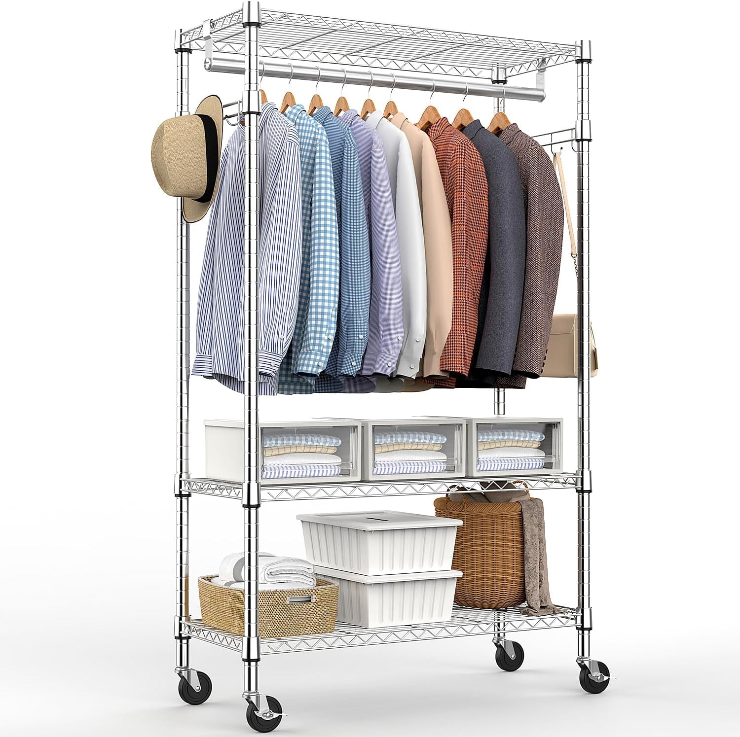 Heavy Duty Rolling Garment Rack 3 Tiers Adjustable Wire Shelving ...