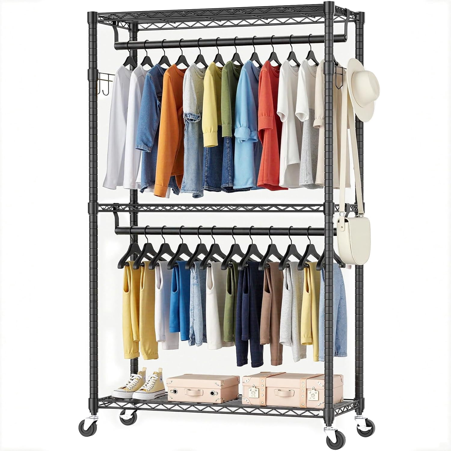 Heavy Duty Rolling Garment Rack 3 Tiers Adjustable Wire Shelving Side ...