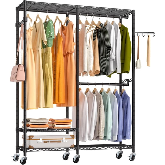 Heavy Duty Rolling Garment Rack, 3 Tiers Height Wire Adjustable Rolling Portable Freestanding Clothing Rack with Lockable Wheels, 44.7''L x 16.5''W x 78”H, Max Load 800LBS, Black