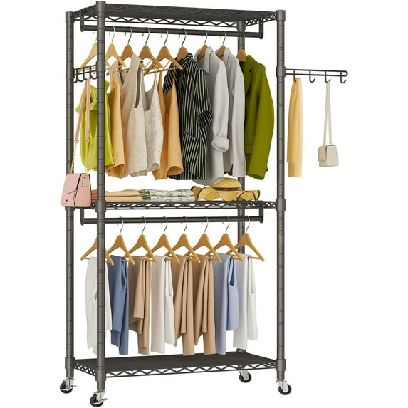 Heavy Duty Rolling Garment Rack, 3 Tiers Wire Shelves Adjustable Freestanding Portable Rolling Clothing Rack with Lockable Wheels, 35.5''L x 15.8''W x 78.8''H, Max Load 500LBS