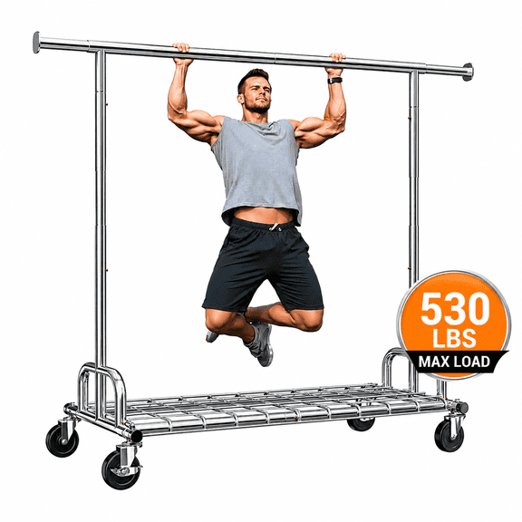 Heavy Duty Rolling Garment Rack,530 lbs Commercial Clothes Rack with Wheels,Adjustable Industrial Clothing Rack with Storage Shelf,Chrome