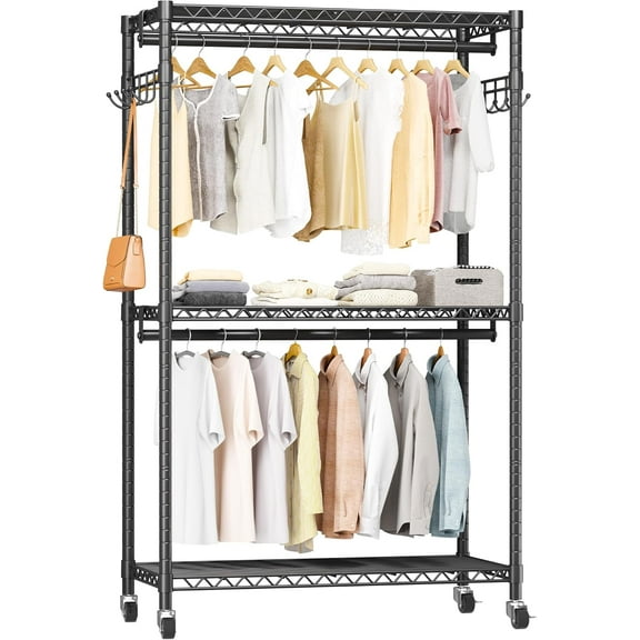 Heavy Duty Rolling Garment Rack with Adjustable Wire Shelving, 3 Tiers Clothes Rack with Double Rods and Side Hooks, Freestanding Wardrobe Storage Rack Metal Clothing Rack, Black