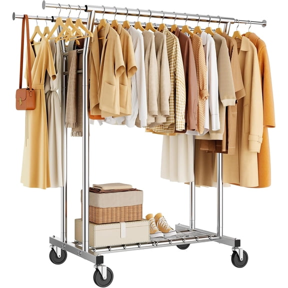 Heavy Duty Rolling Garment Rack with Double Hanging Rods & Bottom Storage Shelf, Adjustable Length Metal Clothing Organizer on Lockable 3 Inch Wheels Holds Up to 700 LBS Silver