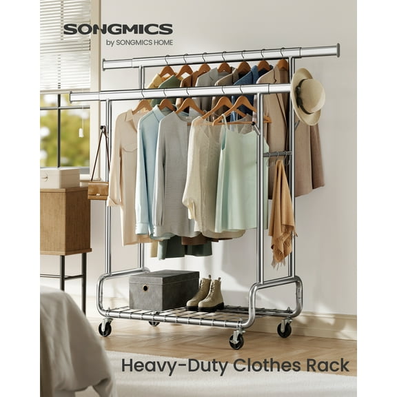 Heavy-Duty Rolling Garment Rack with Extendable Double Hanging Rods, 594 lb Capacity, Adjustable 3-Height with Shelf, Mobile Storage Organizer, Silver