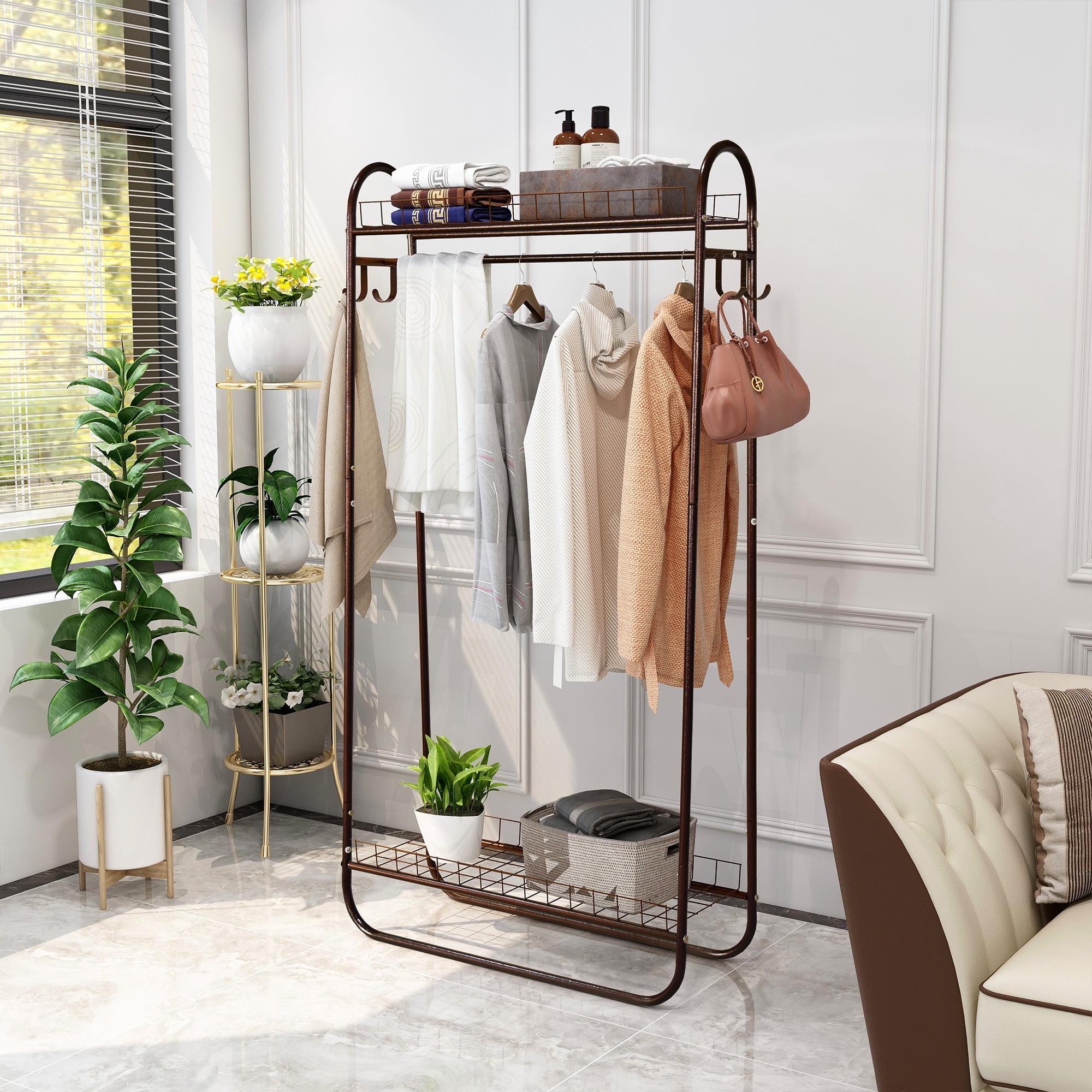 Heavy Duty Rolling Garment Rack, Freestanding Metal Clothing Rack with Hanging Rod & Double Shelves, Portable Wardrobe Organizer for Bedroom Laundry Room