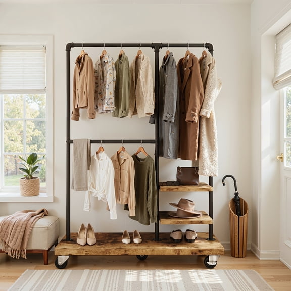 Heavy Duty Rolling Garment Rack with Shelves, Adjustable Portable Clothes Hanging Rack for Wardrobe Organization, Rustic Brown Finish, Supports up to 400 Pounds