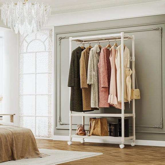 Heavy Duty Rolling Garment Rack Wire Clothes Rack for Hanging Clothes (Gold, 3 Tier with 1 Rod, 17.7" D x 33.5" W x 70.3" H)