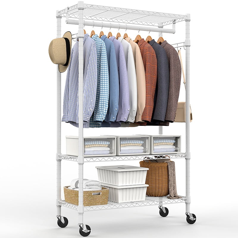 Heavy Duty Rolling Garment Rack with 3 Adjustable Shelves and Side Hooks, Clothes Rack with Lockable Wheels and Hanging Rod for Closet, White