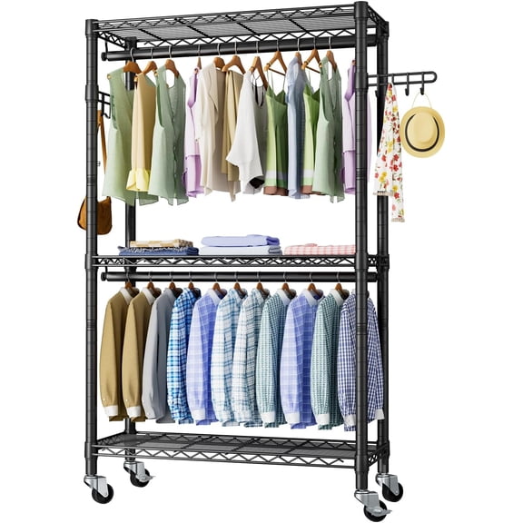 Heavy Duty Rolling Garment Rack with 3-Tier Adjustable Wire Shelves, Dual Hanging Rods, Side Hooks, and Lockable Casters in Black