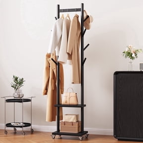 Coat Rack Freestanding with Wheels, Solid Wood Rolling Coat Tree with 8 Hooks & Shelevs for Bedroom Entryway Living Room, Black