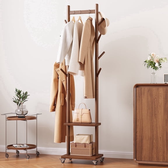 Coat Rack Freestanding with Wheels, Solid Wood Rolling Coat Tree with 8 Hooks & Shelevs for Bedroom Entryway Living Room, Walnut
