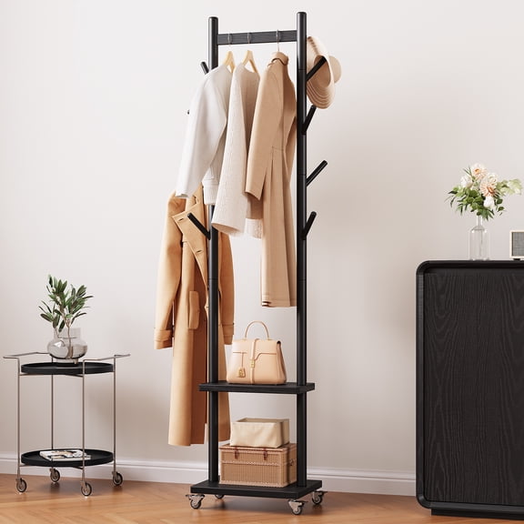 Solid Wood Coat Rack Freestanding, Rolling Clothes Rack with Wheels, Clothing Rack with 8 Hooks & Shelevs, Clothing Racks for Hanging Clothes,Black