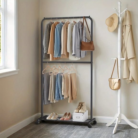 Heavy Duty Rolling Garment Rack with Lockable Wheels - Double Rod Clothing Organizer Heavy-Duty Mesh Storage Shelf 110lb Capacity