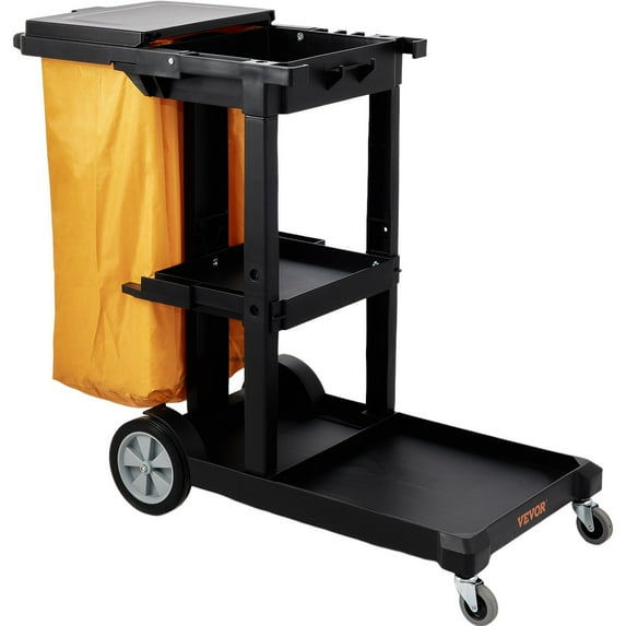 Heavy-Duty Rolling Housekeeping Cart with 3 Shelves & Large PVC Liner, 200 lbs Weight Capacity, Ideal for Janitors and Cleaners