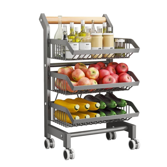 Heavy Duty Rolling Kitchen Storage Rack – 3-Tier Steel Organizer with Wheels & Wooden Handle – Vegetable & Fruit Basket for Onion, Potato, Pantry, Bathroom, Laundry – Grey ZWJ-6823-3GY