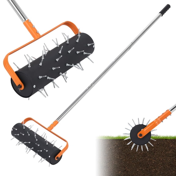 Heavy Duty Rolling Lawn Aerator 15/18 inch Manual Push Soil Aeration Tool with 42 Spikes, Adjustable Handle for Garden Yard Patio Black and Orange