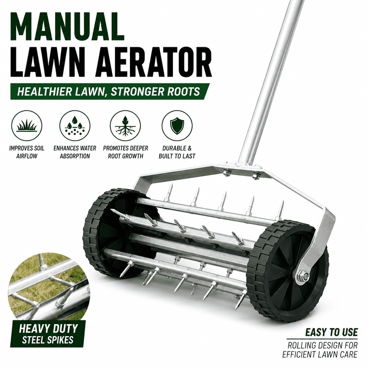 Heavy Duty Rolling Lawn Aerator with Steel Handle, Manual Push Spike Soil Aerator for Lawn Care & Yard Maintenance