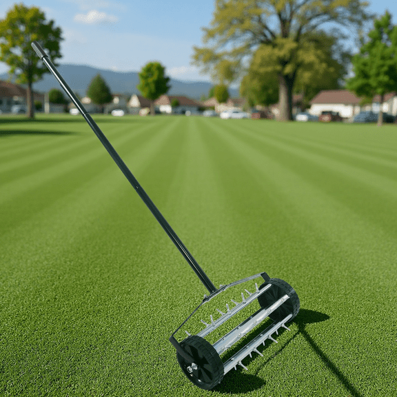 Heavy Duty Rolling Lawn Aerator – Rotary Push Spike Soil Aerator Tool with 56" Steel Handle, Green ABS & Galvanized Steel for Garden & Yard Maintenance