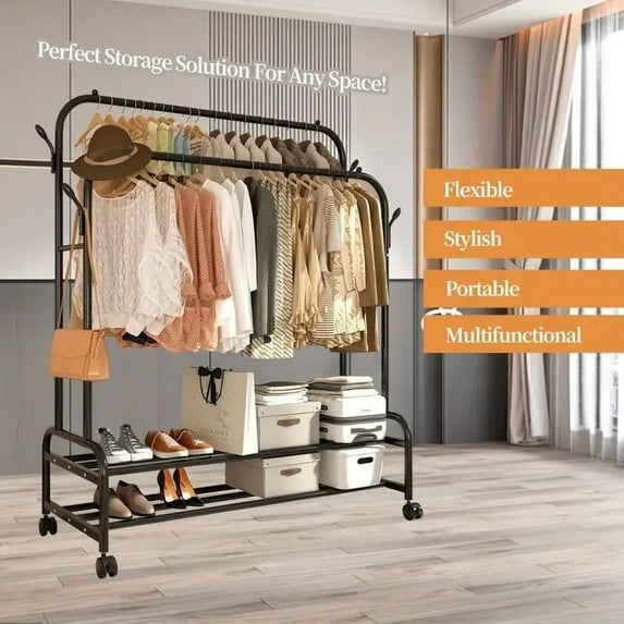 Heavy-Duty Rolling Metal Garment Rack with Dual Bars - Portable Wardrobe Organizer with Shelves and Hooks - Multi-Functional Solution for Bedroom and Laundry Areas