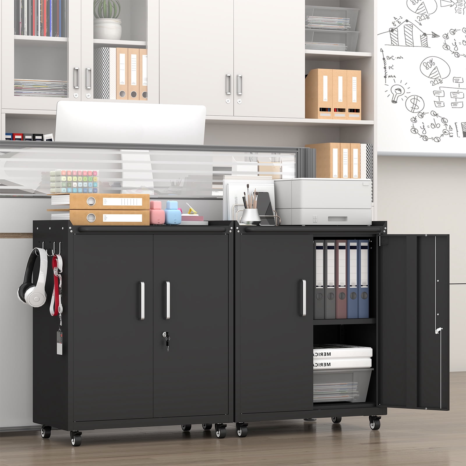 Heavy-Duty Rolling Metal Storage Cabinet With Lock & 2 Keys, Industrial Mobile Steel Tool Locker With 360° Silent Caster Wheels & Brakes, Adjustable Shelves, Side Hooks & Top Guardrail