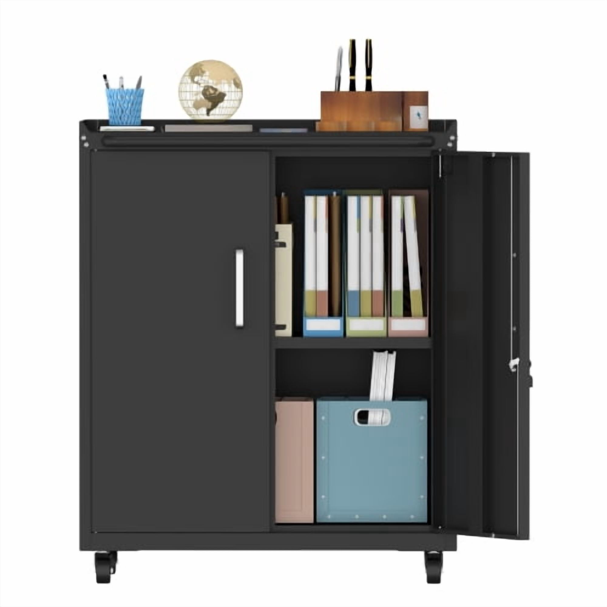 Heavy-Duty Rolling Metal Storage Cabinet with Lock & 2 Keys, Mobile Steel Tool Locker, 360° Silent Casters, Adjustable Shelf, Side Hooks & Top Guardrail for Garage, Kitchen, Entryway