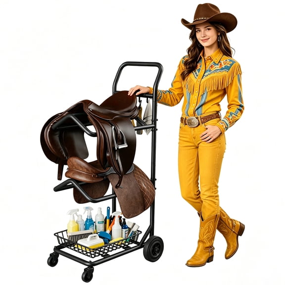 Heavy Duty Rolling Saddle Rack Cart, 3-Tier Horse Tack Cart with Basket & All-Terrain Wheels, Portable Saddle Stand for Western & English Saddles