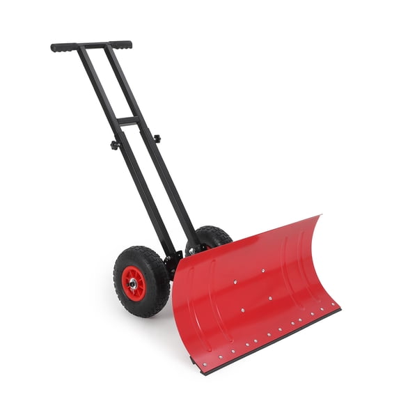 Heavy Duty Rolling Snow Shovel with Wheels for Driveway - 7-Position Angled Adjustable Angle & Height Metal Blade - Ergonomic Snow Pusher for Sidewalk, Yard, Pavement - Easy Snow Removal Tool