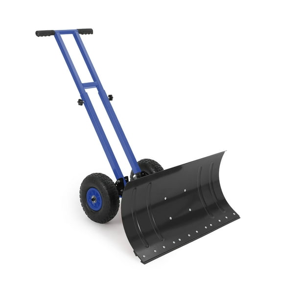 Heavy Duty Rolling Snow Shovel with Wheels for Driveway - 7-Position Angled Adjustable Angle & Height Metal Blade - Ergonomic Snow Pusher for Sidewalk, Yard, Pavement - Easy Snow Removal Tool