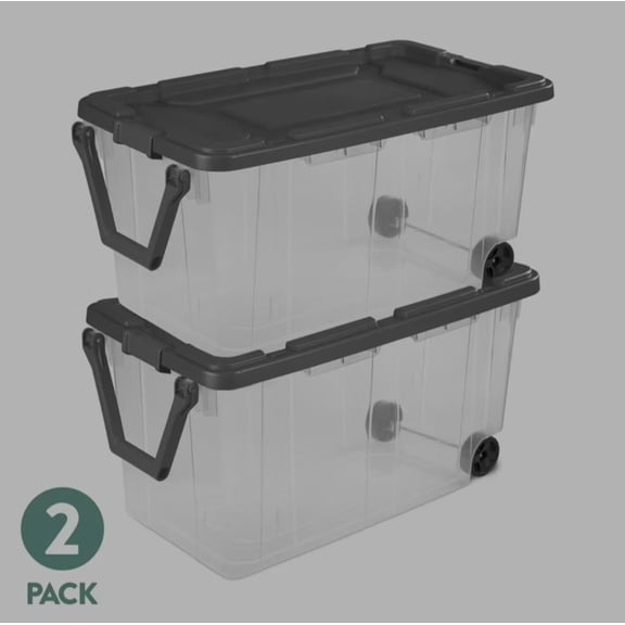 Rolling Plastic Storage Bins with Lid and Side Handles, Clear, 2 Pack