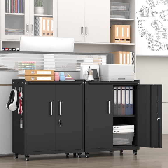 Heavy-Duty Rolling Storage Cabinet With Lock & 2 Keys, Industrial Mobile Steel Tool Locker With 360 Silent Caster Wheels & Brakes, Adjustable Shelves, Side Hooks & Top Guardrail For Garage