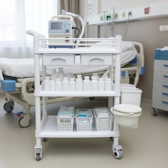 Heavy Duty Rolling Storage Cart with Removable Trash Bin and Lockable Wheels, 3-Tier Storage Cart, Mobile Storage Cart, 110 LBS Load Capacity Storage Cart for Hospital Ward