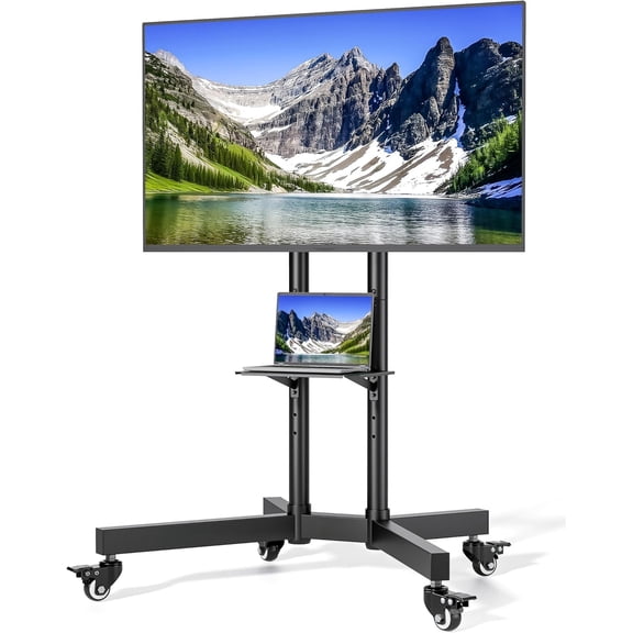 Heavy-Duty Rolling TV Stand for 32-85" Screens -- Supports 187 lbs (154 lbs TV + 33 lbs Shelf), Mobile TV Cart with Shelf & Locking Wheels, Floor TV Stand, VESA 600x400, Black