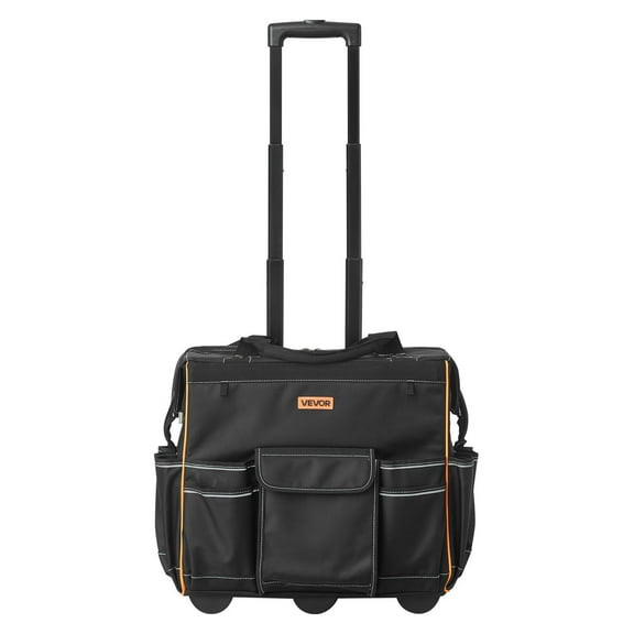 Heavy Duty Rolling Tool Bag 110 lbs Load Capacity 25 Pockets Adjustable Telescoping Handle Stable Base Wheeled Organizer for Electrician Construction