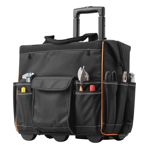 Heavy Duty Rolling Tool Bag 110lbs Capacity 25 Pockets Adjustable Telescopic Handle Stable Base for Electricians Construction Workers