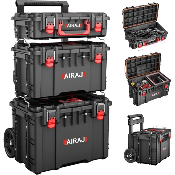 Heavy Duty Rolling Tool Box with Wheels, Modular Stackable Tool Organizer with Removable Divider and Parts Box, All-Terrain Durable Wheels and Telescopic Pull Rod Handle for Easy Transport