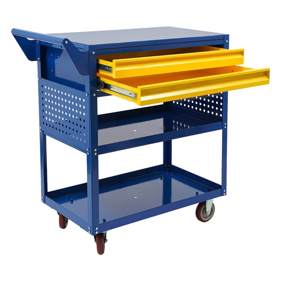 Heavy Duty Rolling Tool Cart, 3 Tray 2 Drawer, Blue Mobile Tool Trolley 400 lb Capacity for Garage Workshop Repair Shop