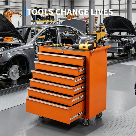 Heavy-Duty Rolling Tool Chest, 24 Inch 6-Drawer Steel Tool Storage Cabinet Cart - Locking System, Smooth Slides, Drawer Liners, Swivel Casters - Orange