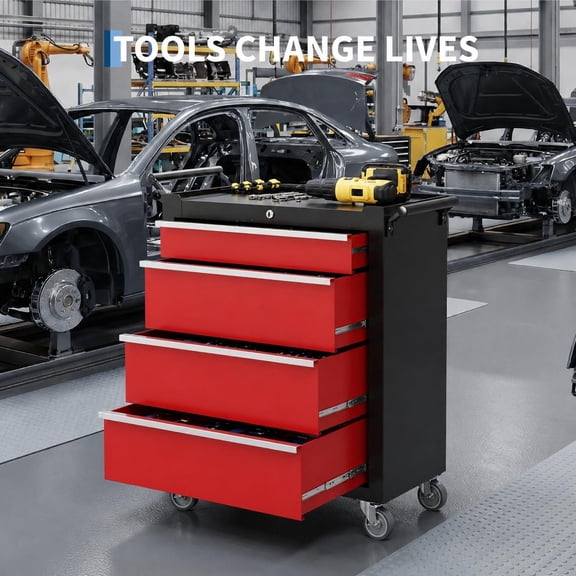 Heavy Duty Rolling Tool Chest Organizer – 5 Lockable Drawers, Detachable Top Cabinet, Ball-Bearing Slides, Mobile Metal Toolbox Cart for Garage & Workshop – Secure Storage – Black + Red
