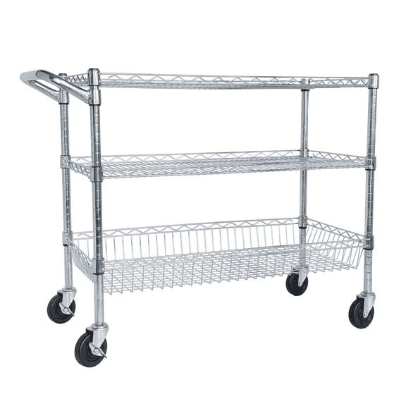 Heavy Duty Rolling Utility Cart with 3 Adjustable Shelves, 600 lbs Capacity, Locking Wheels for Kitchen Restaurant Commercial Use, Chrome Storage Cart with Handle Bar and Shelf Liners