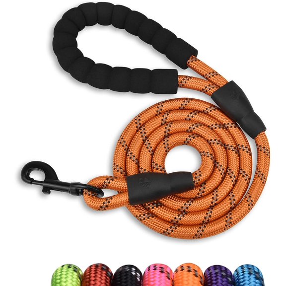 Heavy Duty Rope Dog Leash, 5 FT Nylon Pet Leash, Soft Padded Handle Thick Lead Leash for Large Medium Dogs Small Puppy Orange